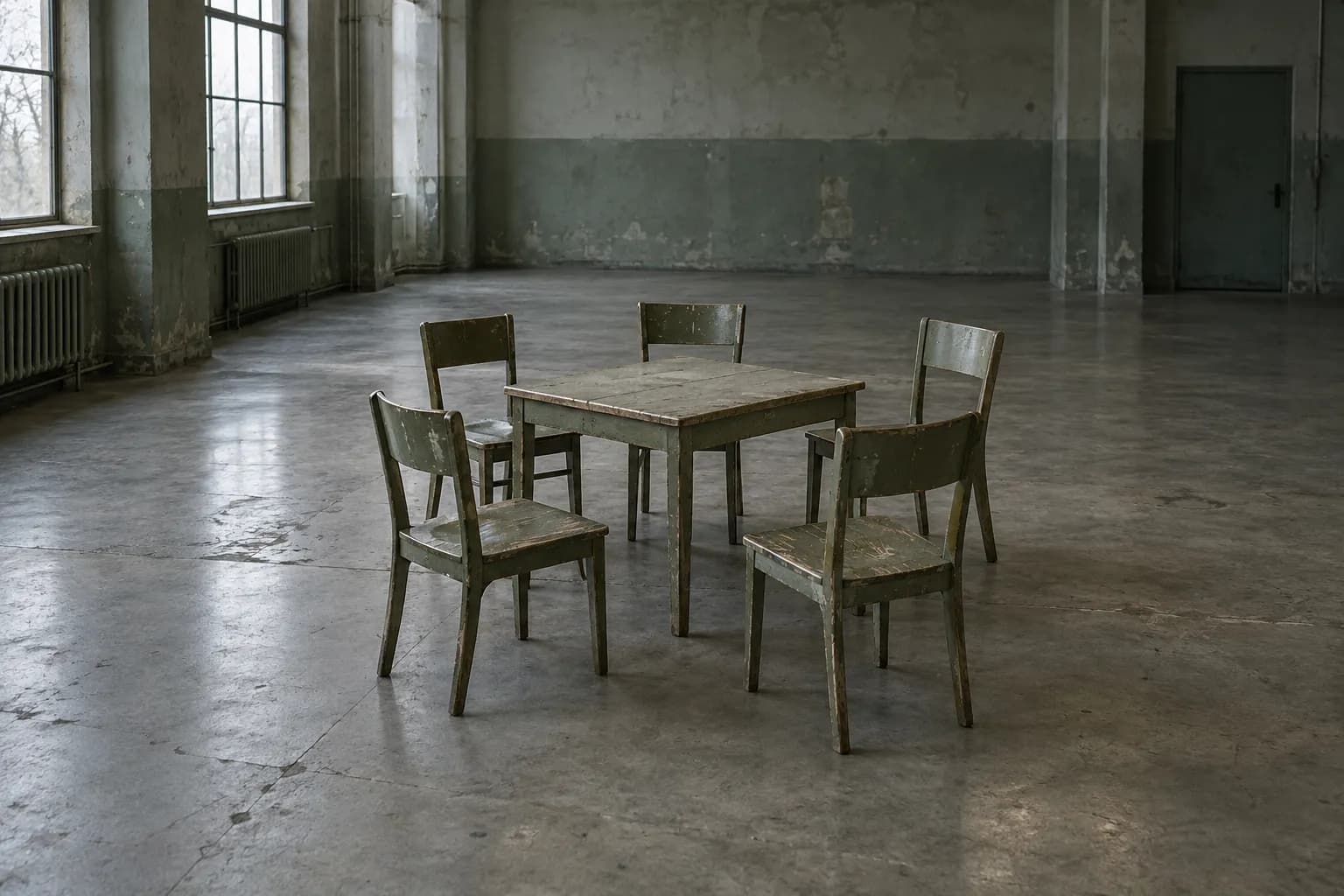 KI-Symbolbild: fünf Stühle an einem Tisch in einem viel größeren Raum.