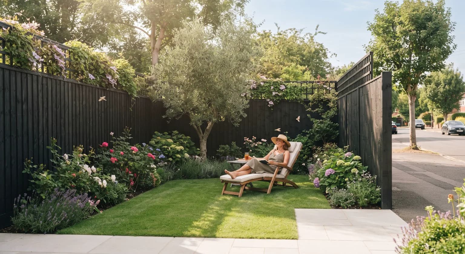 KI-Illustration: Ein gepflegter Garten, ein hoher Zaun und die Straße dahinter.